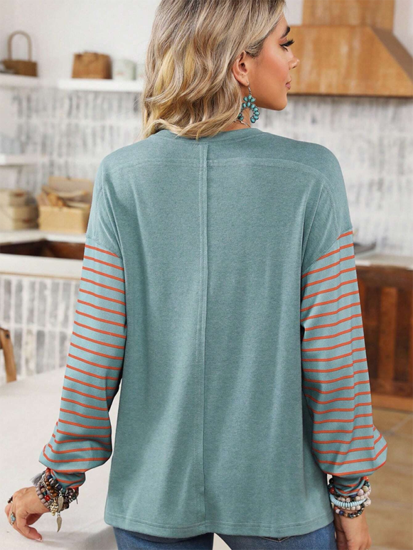 Gloria's Round Neck Striped Long Sleeve Color Block Sweater-TOPS / DRESSES-[Adult]-[Female]-2022 Online Blue Zone Planet