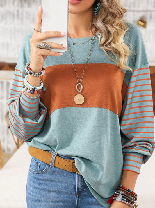 Gloria's Round Neck Striped Long Sleeve Color Block Sweater-TOPS / DRESSES-[Adult]-[Female]-Pea green grey-S-2022 Online Blue Zone Planet