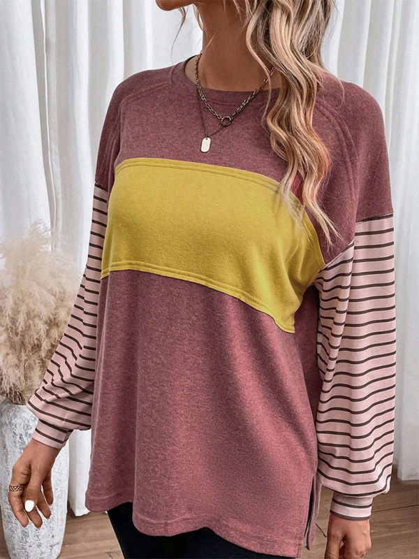 Gloria's Round Neck Striped Long Sleeve Color Block Sweater-TOPS / DRESSES-[Adult]-[Female]-2022 Online Blue Zone Planet