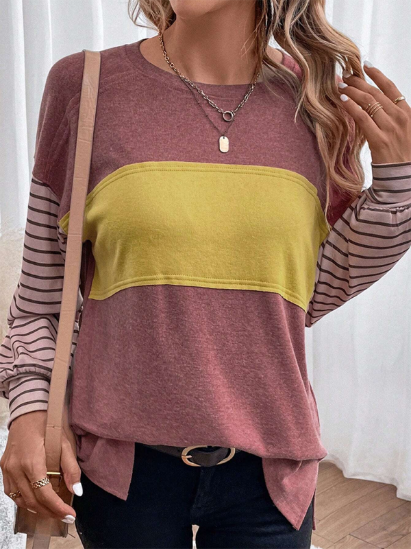 Gloria's Round Neck Striped Long Sleeve Color Block Sweater-TOPS / DRESSES-[Adult]-[Female]-Wine Red-S-2022 Online Blue Zone Planet