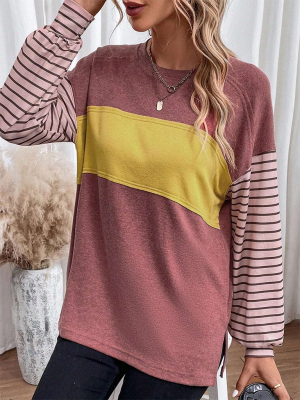 Gloria's Round Neck Striped Long Sleeve Color Block Sweater-TOPS / DRESSES-[Adult]-[Female]-2022 Online Blue Zone Planet