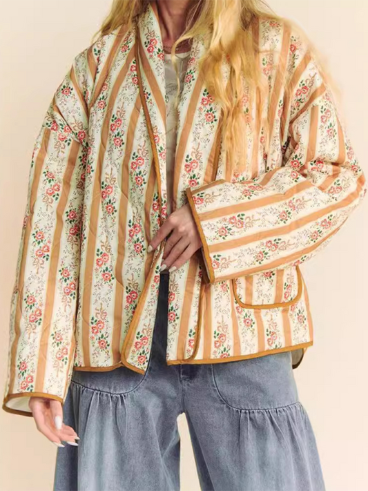 fashionable temperament striped printed loose cotton coat jacket-[Adult]-[Female]-Yellow-S-2022 Online Blue Zone Planet