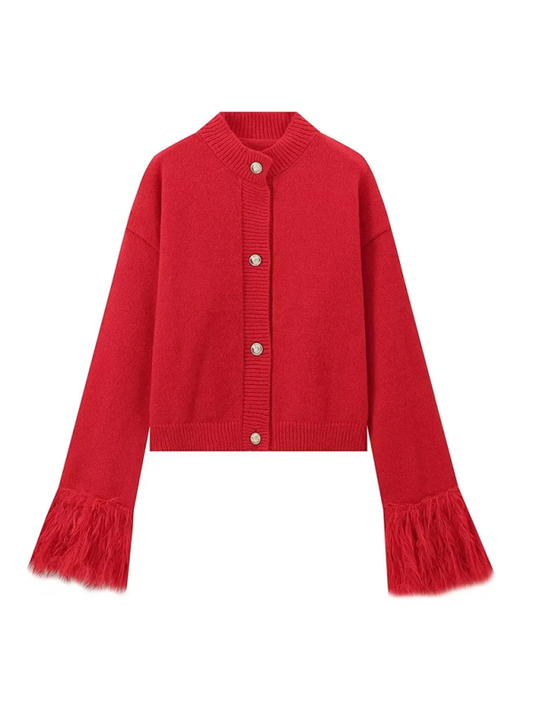 Cardigan Sweater with Fur Patchwork Cuffs-[Adult]-[Female]-Red-S-2022 Online Blue Zone Planet