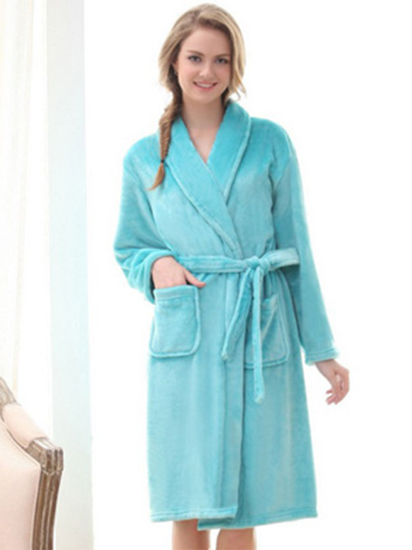 Blue Zone Planet | Long-sleeved pajamas solid color lapel casual facecloth robe couple homewear-TOPS / DRESSES-[Adult]-[Female]-Acid blue-M-2022 Online Blue Zone Planet