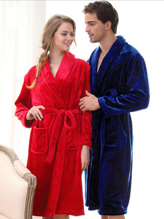 Blue Zone Planet | Long-sleeved pajamas solid color lapel casual facecloth robe couple homewear-TOPS / DRESSES-[Adult]-[Female]-Red-M-2022 Online Blue Zone Planet