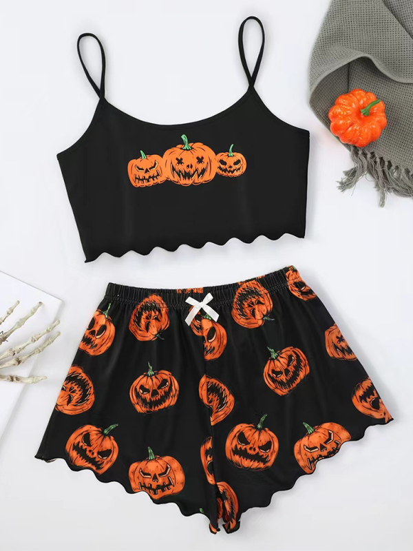 Blue Zone Planet | Halloween Pumpkin Print Sleeveless Camisole Top Shorts Homewear Pajama Set-TOPS / DRESSES-[Adult]-[Female]-Black-S-2022 Online Blue Zone Planet