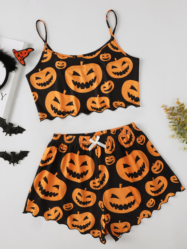 Blue Zone Planet | Halloween Pumpkin Print Sleeveless Camisole Top Shorts Homewear Pajama Set-TOPS / DRESSES-[Adult]-[Female]-Pattern2-S-2022 Online Blue Zone Planet