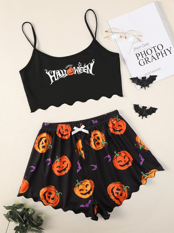 Blue Zone Planet | Halloween Pumpkin Print Sleeveless Camisole Top Shorts Homewear Pajama Set-TOPS / DRESSES-[Adult]-[Female]-Pattern3-S-2022 Online Blue Zone Planet