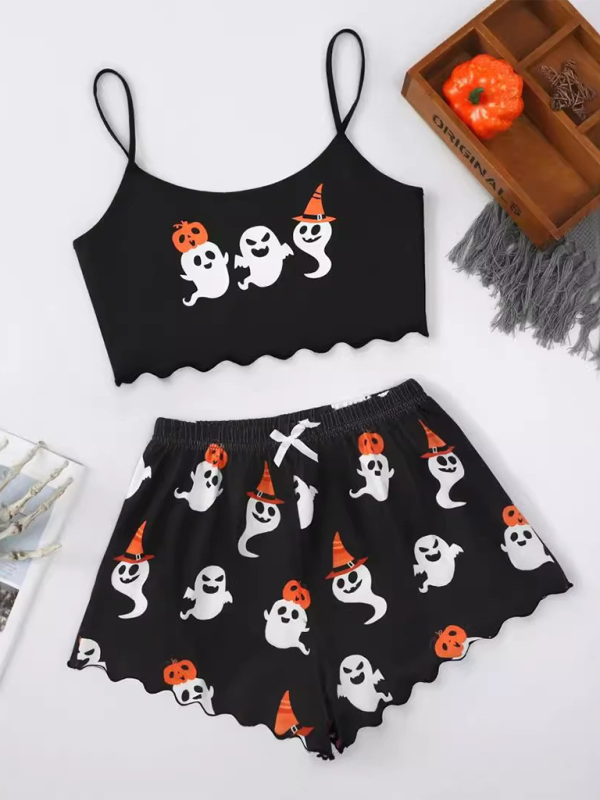 Blue Zone Planet | Halloween Pumpkin Print Sleeveless Camisole Top Shorts Homewear Pajama Set-TOPS / DRESSES-[Adult]-[Female]-Pattern8-S-2022 Online Blue Zone Planet