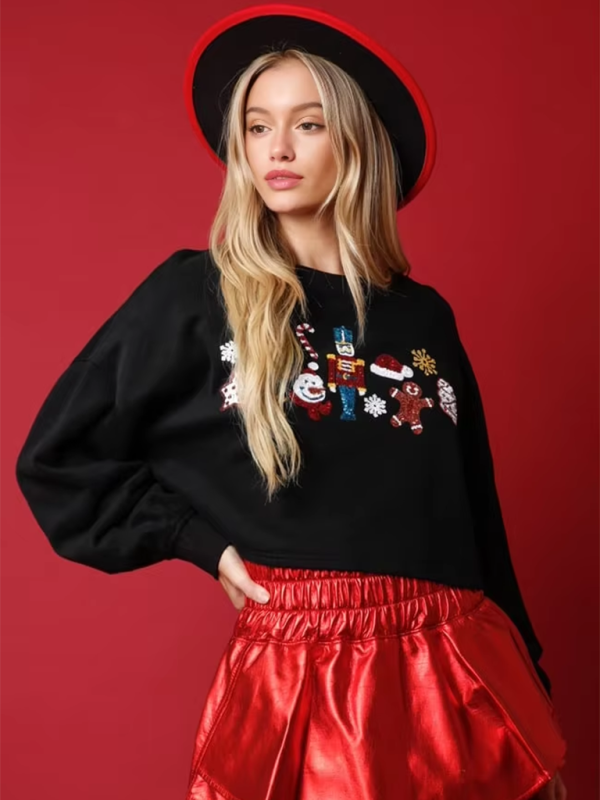 Blue Zone Planet | Christmas Sequin Decoration Top Casual Long Sleeve Short Sweatshirt-TOPS / DRESSES-[Adult]-[Female]-Black-S-2022 Online Blue Zone Planet