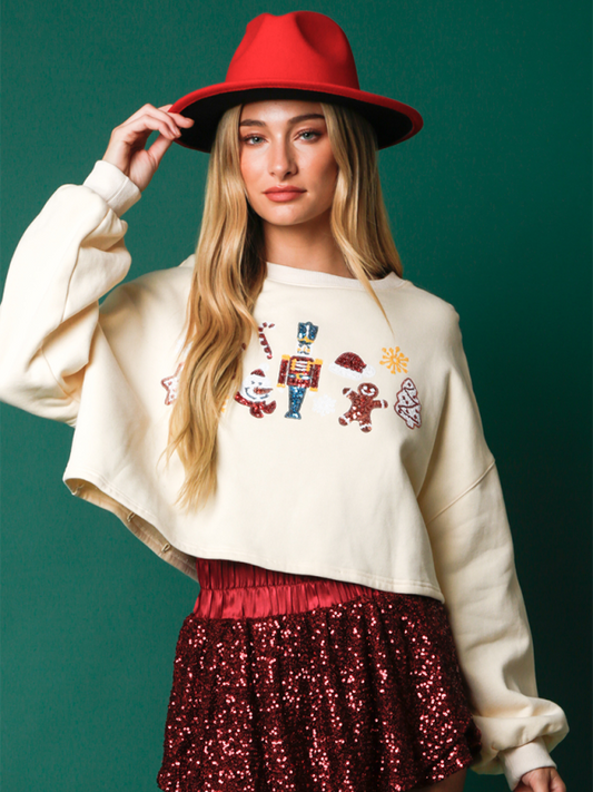 Blue Zone Planet | Christmas Sequin Decoration Top Casual Long Sleeve Short Sweatshirt-TOPS / DRESSES-[Adult]-[Female]-White-S-2022 Online Blue Zone Planet