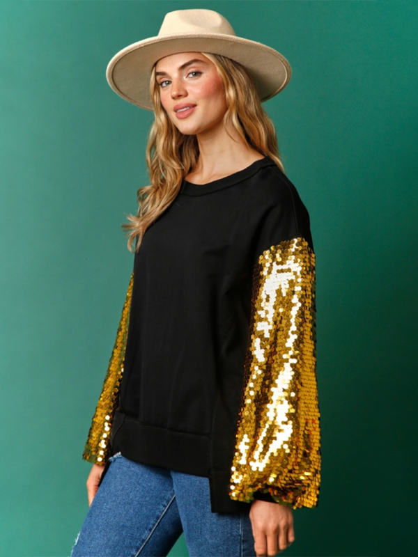 Blue Zone Planet | Christmas Sequin Sleeve Top Patchwork Long Sleeve Trendy Sweatshirt-TOPS / DRESSES-[Adult]-[Female]-2022 Online Blue Zone Planet