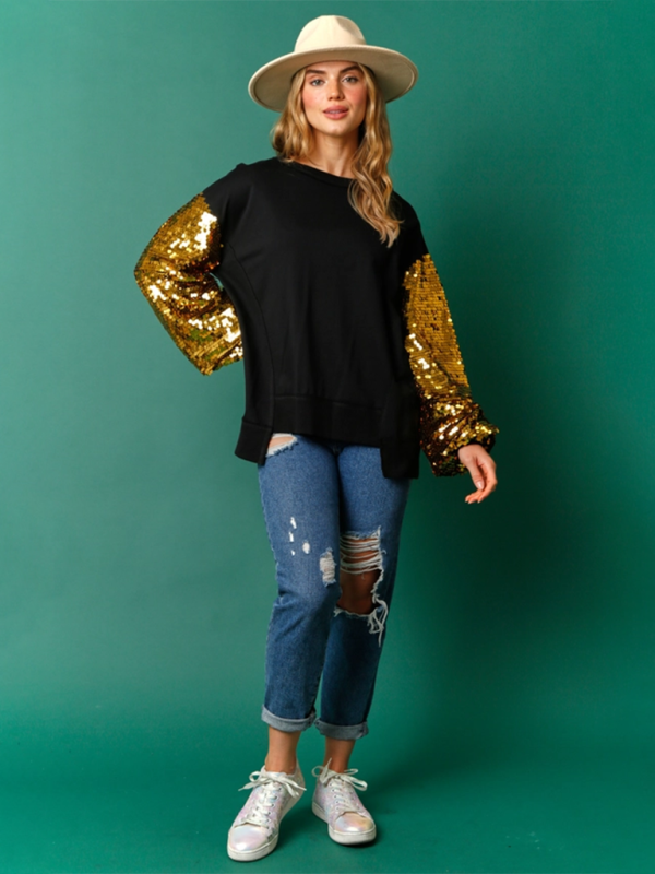 Blue Zone Planet | Christmas Sequin Sleeve Top Patchwork Long Sleeve Trendy Sweatshirt-TOPS / DRESSES-[Adult]-[Female]-2022 Online Blue Zone Planet