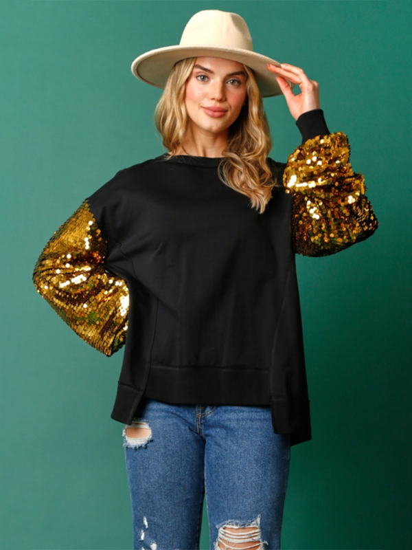 Blue Zone Planet | Christmas Sequin Sleeve Top Patchwork Long Sleeve Trendy Sweatshirt-TOPS / DRESSES-[Adult]-[Female]-Golden-S-2022 Online Blue Zone Planet