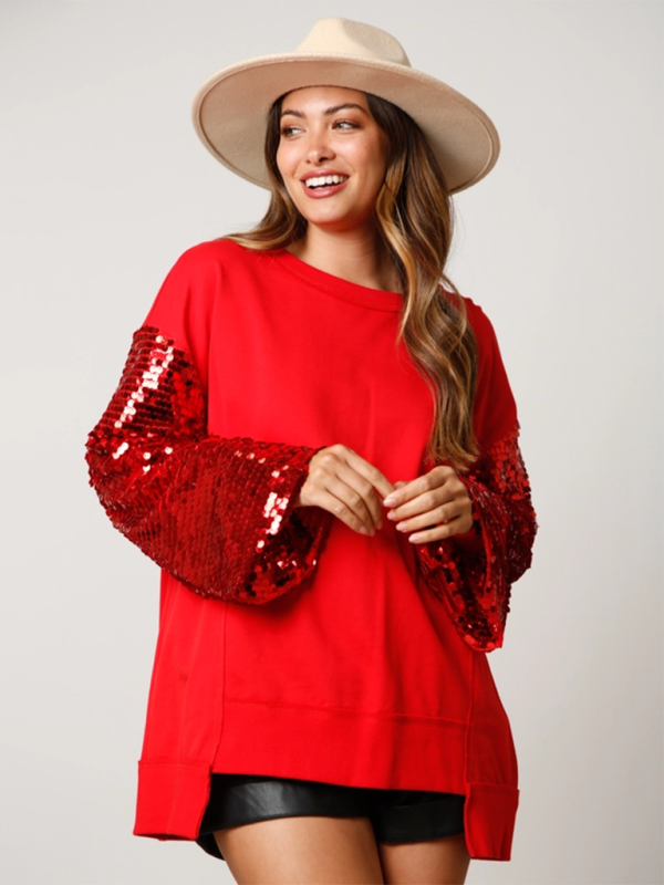 Blue Zone Planet | Christmas Sequin Sleeve Top Patchwork Long Sleeve Trendy Sweatshirt-TOPS / DRESSES-[Adult]-[Female]-2022 Online Blue Zone Planet