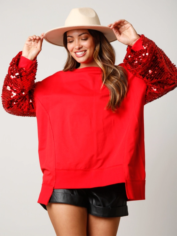 Blue Zone Planet | Christmas Sequin Sleeve Top Patchwork Long Sleeve Trendy Sweatshirt-TOPS / DRESSES-[Adult]-[Female]-2022 Online Blue Zone Planet