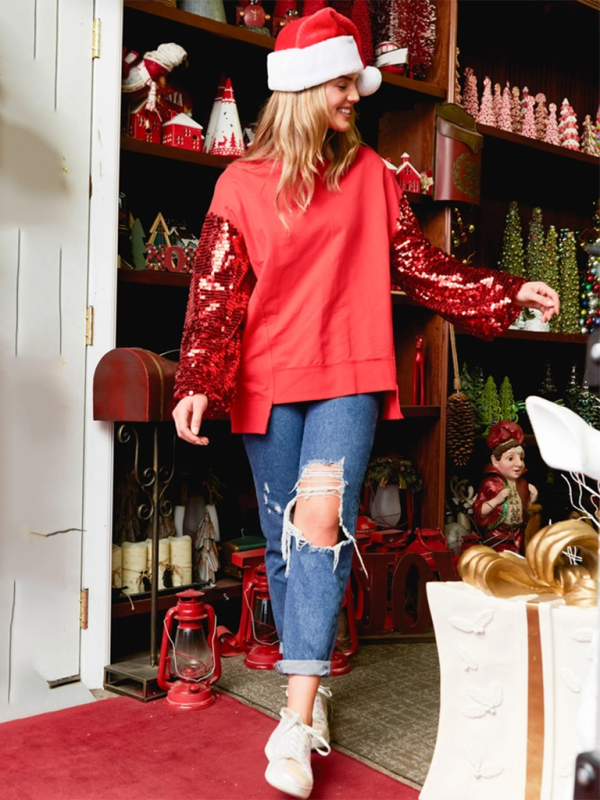 Blue Zone Planet | Christmas Sequin Sleeve Top Patchwork Long Sleeve Trendy Sweatshirt-TOPS / DRESSES-[Adult]-[Female]-2022 Online Blue Zone Planet