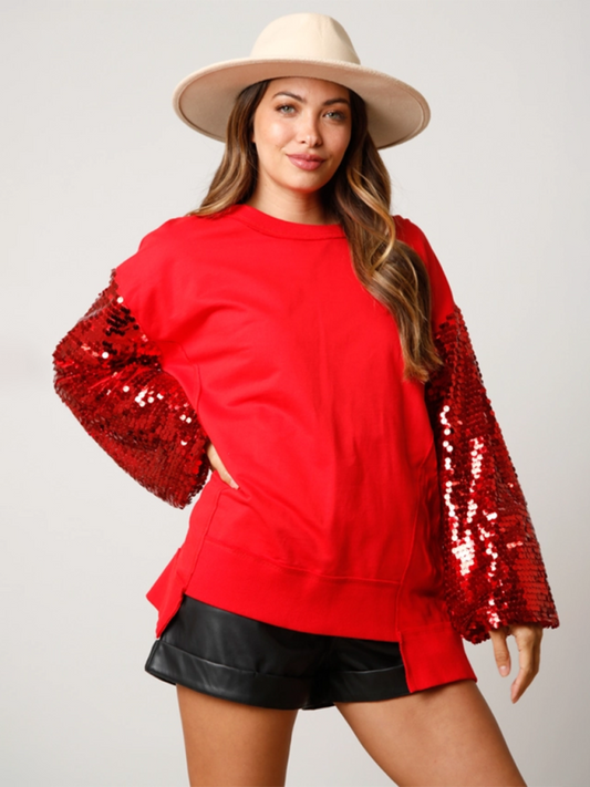 Blue Zone Planet | Christmas Sequin Sleeve Top Patchwork Long Sleeve Trendy Sweatshirt-TOPS / DRESSES-[Adult]-[Female]-Red-S-2022 Online Blue Zone Planet