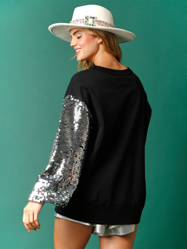 Blue Zone Planet | Christmas Sequin Sleeve Top Patchwork Long Sleeve Trendy Sweatshirt-TOPS / DRESSES-[Adult]-[Female]-2022 Online Blue Zone Planet