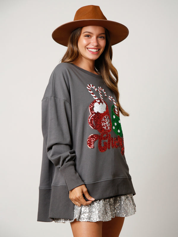 Blue Zone Planet | Christmas Candy Cup Sequins Sweatshirt Casual Loose Top-TOPS / DRESSES-[Adult]-[Female]-Grey-S-2022 Online Blue Zone Planet