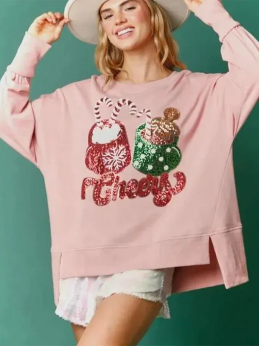 Blue Zone Planet | Christmas Candy Cup Sequins Sweatshirt Casual Loose Top-TOPS / DRESSES-[Adult]-[Female]-Pink-S-2022 Online Blue Zone Planet