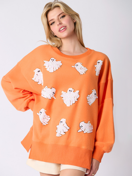 Blue Zone Planet | Halloween Ghost Sequin Top Loose Casual Sweatshirt-TOPS / DRESSES-[Adult]-[Female]-Orange-S-2022 Online Blue Zone Planet