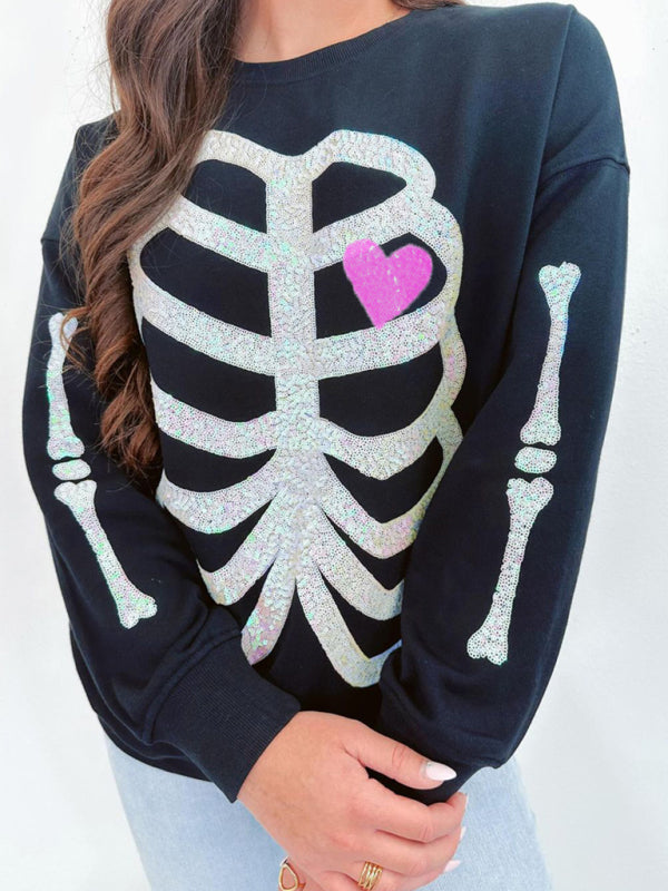 Blue Zone Planet | Halloween Skeleton Man Sequin Top Long Sleeve Pullover Sweatshirt-TOPS / DRESSES-[Adult]-[Female]-2022 Online Blue Zone Planet