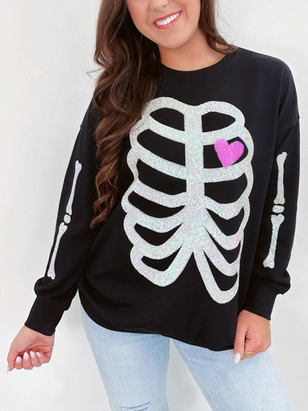 Blue Zone Planet | Halloween Skeleton Man Sequin Top Long Sleeve Pullover Sweatshirt-TOPS / DRESSES-[Adult]-[Female]-Black-S-2022 Online Blue Zone Planet