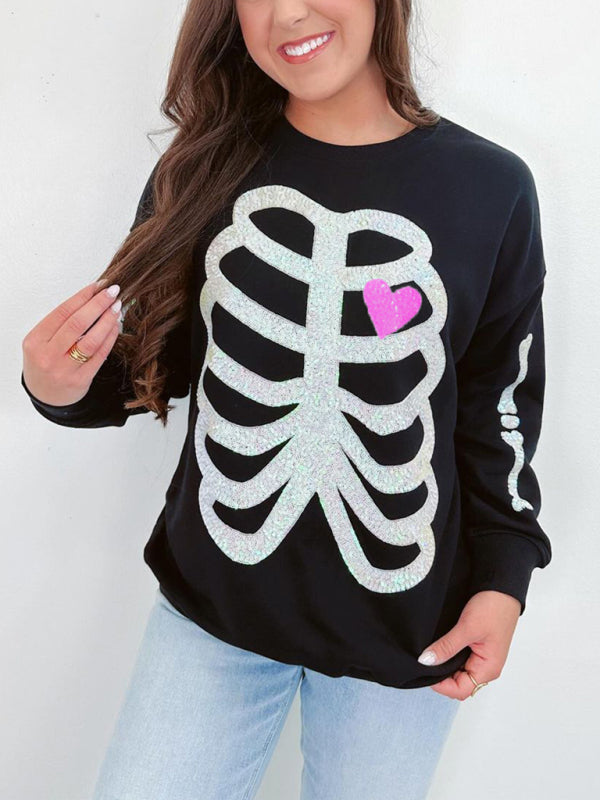 Blue Zone Planet | Halloween Skeleton Man Sequin Top Long Sleeve Pullover Sweatshirt-TOPS / DRESSES-[Adult]-[Female]-2022 Online Blue Zone Planet