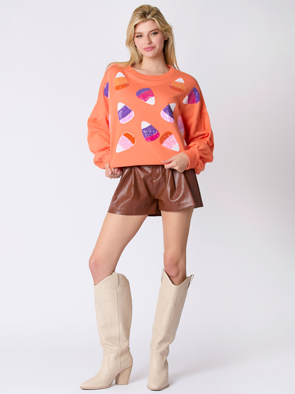 Halloween Candy Sequins Long Sleeve Sweatshirt-TOPS / DRESSES-[Adult]-[Female]-Orange-S-2022 Online Blue Zone Planet