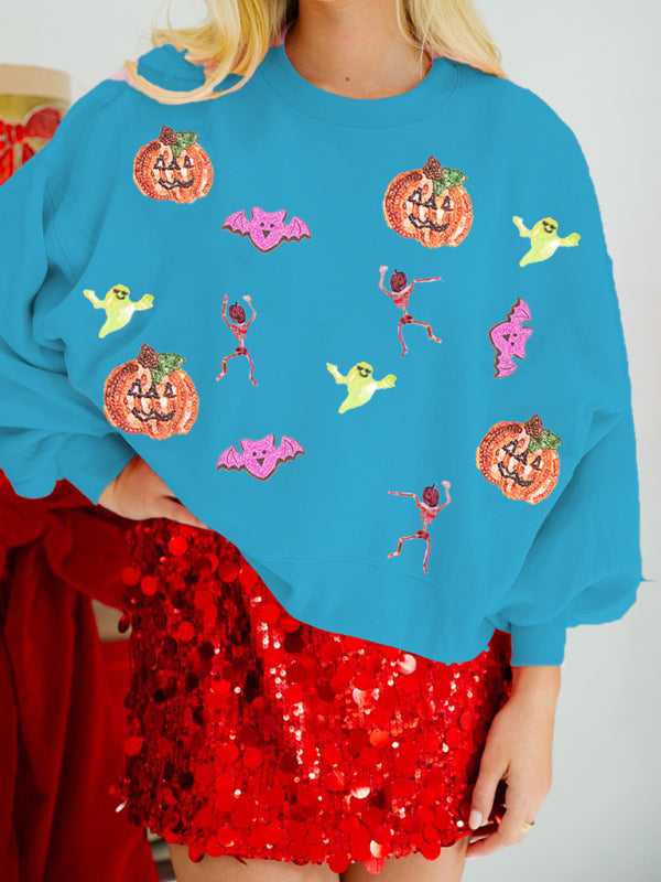 Halloween Multicolor Sequins Loose Long Sleeve Sweatshirt Round Neck Top-[Adult]-[Female]-Blue-S-2022 Online Blue Zone Planet