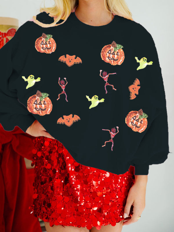 Halloween Multicolor Sequins Loose Long Sleeve Sweatshirt Round Neck Top-[Adult]-[Female]-Black-S-2022 Online Blue Zone Planet