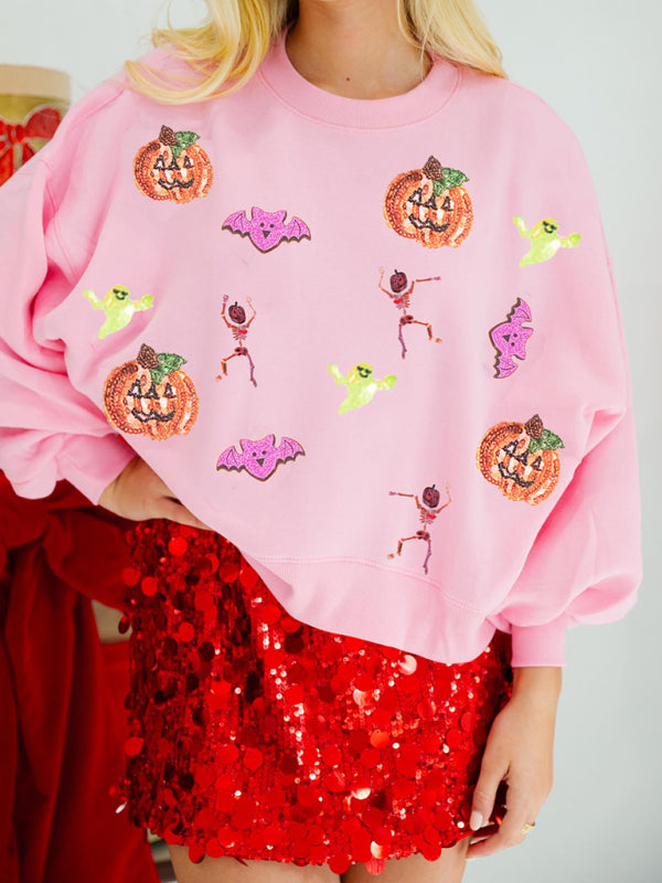 Halloween Multicolor Sequins Loose Long Sleeve Sweatshirt Round Neck Top-[Adult]-[Female]-Pink-S-2022 Online Blue Zone Planet