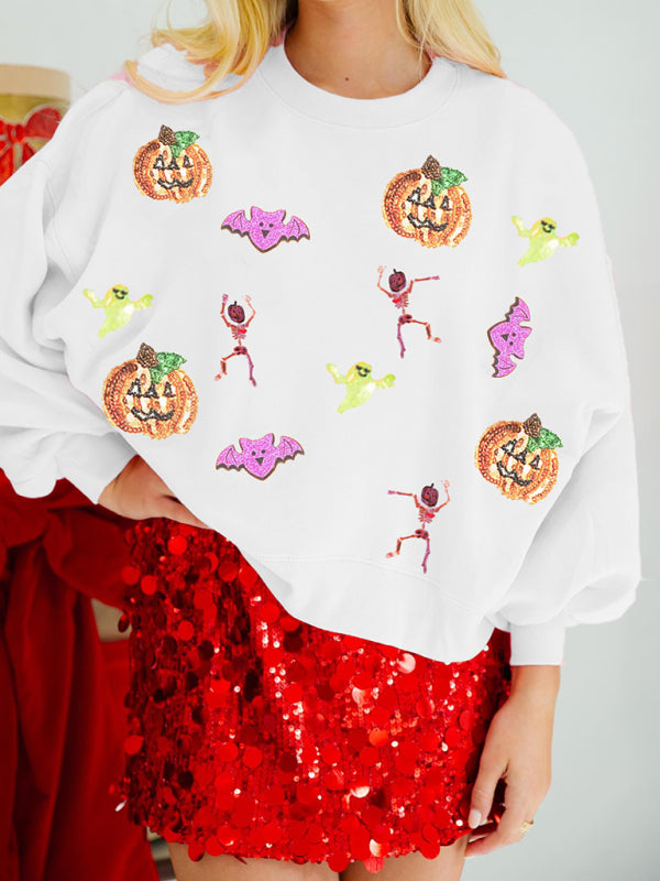 Halloween Multicolor Sequins Loose Long Sleeve Sweatshirt Round Neck Top-[Adult]-[Female]-White-S-2022 Online Blue Zone Planet