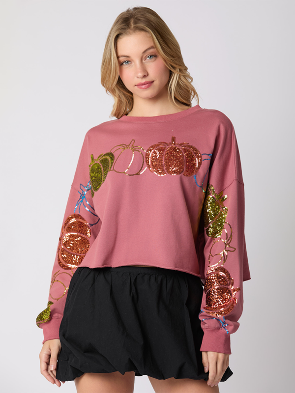 Blue Zone Planet | Halloween Pumpkin Sequin Top Long Sleeve Pullover Sweatshirt-TOPS / DRESSES-[Adult]-[Female]-Red bean grey-S-2022 Online Blue Zone Planet