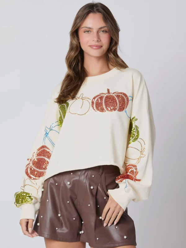 Blue Zone Planet | Halloween Pumpkin Sequin Top Long Sleeve Pullover Sweatshirt-TOPS / DRESSES-[Adult]-[Female]-White-S-2022 Online Blue Zone Planet