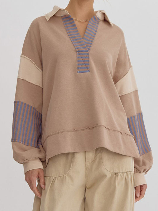 Women's Sweatshirt OversizedPolo Neck Striped Colorblocking Top-[Adult]-[Female]-Cracker khaki-S-2022 Online Blue Zone Planet