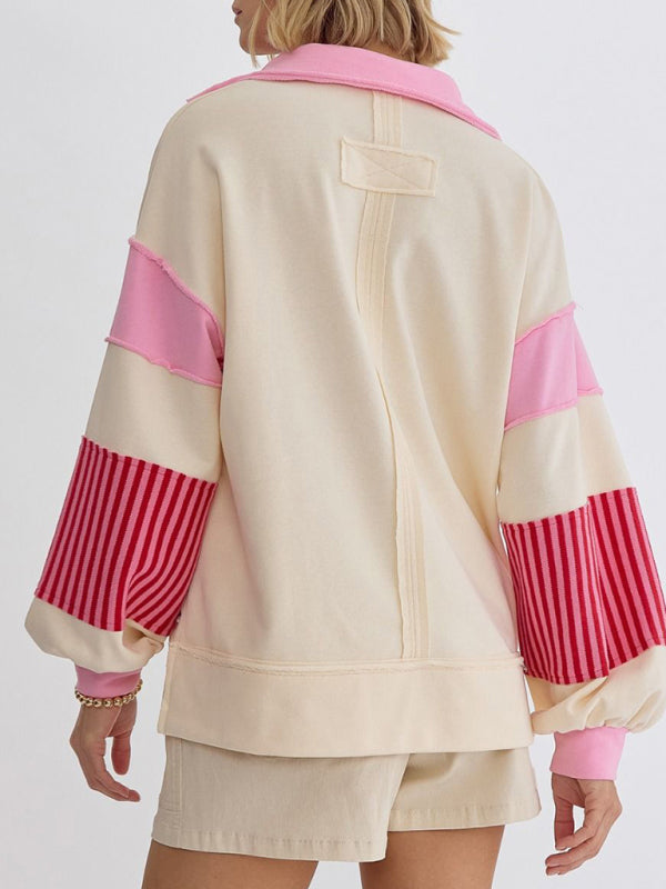 Women's Sweatshirt OversizedPolo Neck Striped Colorblocking Top-[Adult]-[Female]-2022 Online Blue Zone Planet