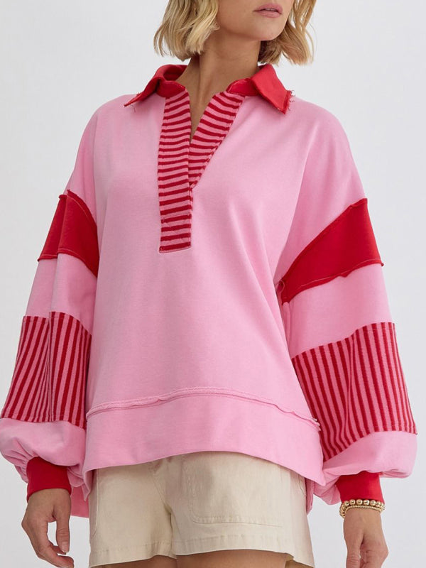 Women's Sweatshirt OversizedPolo Neck Striped Colorblocking Top-[Adult]-[Female]-Hot pink-S-2022 Online Blue Zone Planet