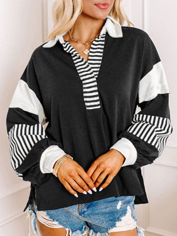 Women's Sweatshirt OversizedPolo Neck Striped Colorblocking Top-[Adult]-[Female]-Black-S-2022 Online Blue Zone Planet