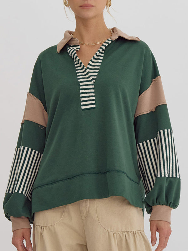 Women's Sweatshirt OversizedPolo Neck Striped Colorblocking Top-[Adult]-[Female]-2022 Online Blue Zone Planet