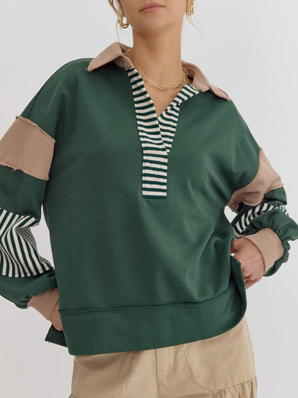 Women's Sweatshirt OversizedPolo Neck Striped Colorblocking Top-[Adult]-[Female]-Green-S-2022 Online Blue Zone Planet