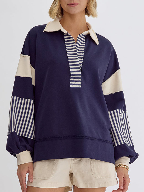 Women's Sweatshirt OversizedPolo Neck Striped Colorblocking Top-[Adult]-[Female]-Champlain color-S-2022 Online Blue Zone Planet