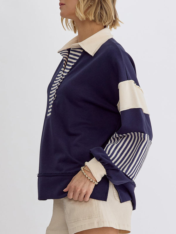 Women's Sweatshirt OversizedPolo Neck Striped Colorblocking Top-[Adult]-[Female]-2022 Online Blue Zone Planet