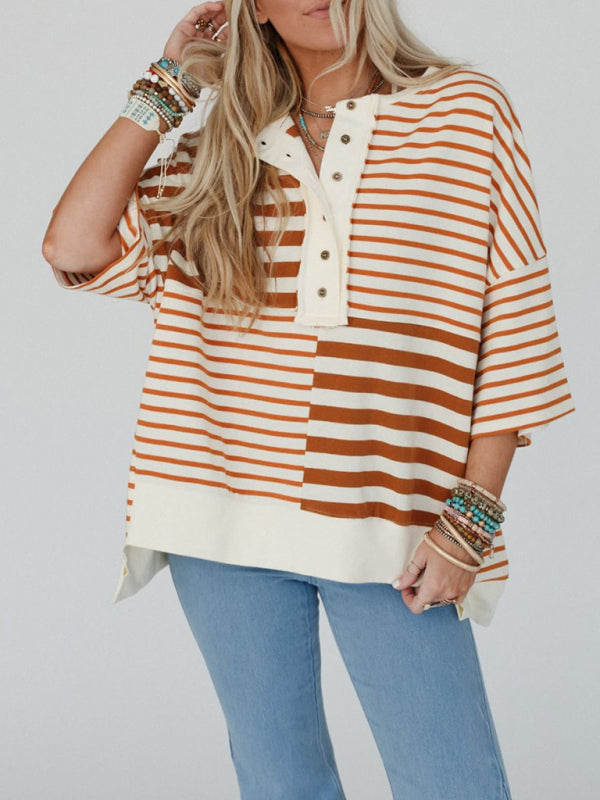 Women's Oversized Striped Patchwork Top-[Adult]-[Female]-Brown-S-2022 Online Blue Zone Planet