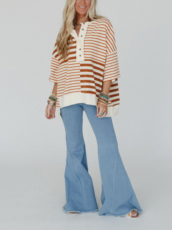 Women's Oversized Striped Patchwork Top-[Adult]-[Female]-2022 Online Blue Zone Planet