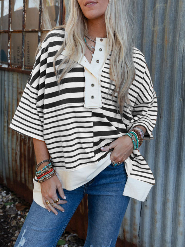 Women's Oversized Striped Patchwork Top-[Adult]-[Female]-2022 Online Blue Zone Planet