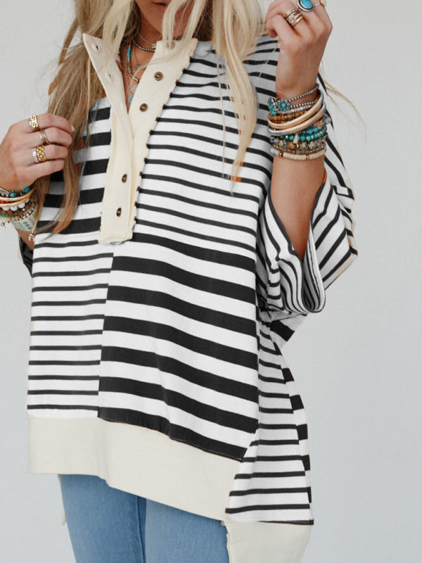 Women's Oversized Striped Patchwork Top-[Adult]-[Female]-2022 Online Blue Zone Planet