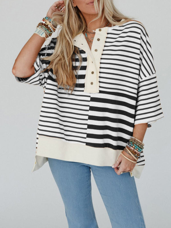 Women's Oversized Striped Patchwork Top-[Adult]-[Female]-Black-S-2022 Online Blue Zone Planet