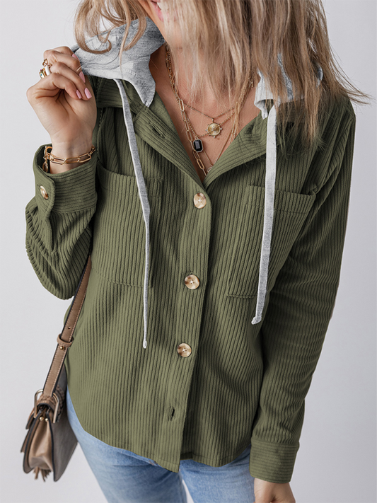 Women's Lapel with Buttoned Cardigan with Shirt Jacket-[Adult]-[Female]-Olive green-S-2022 Online Blue Zone Planet